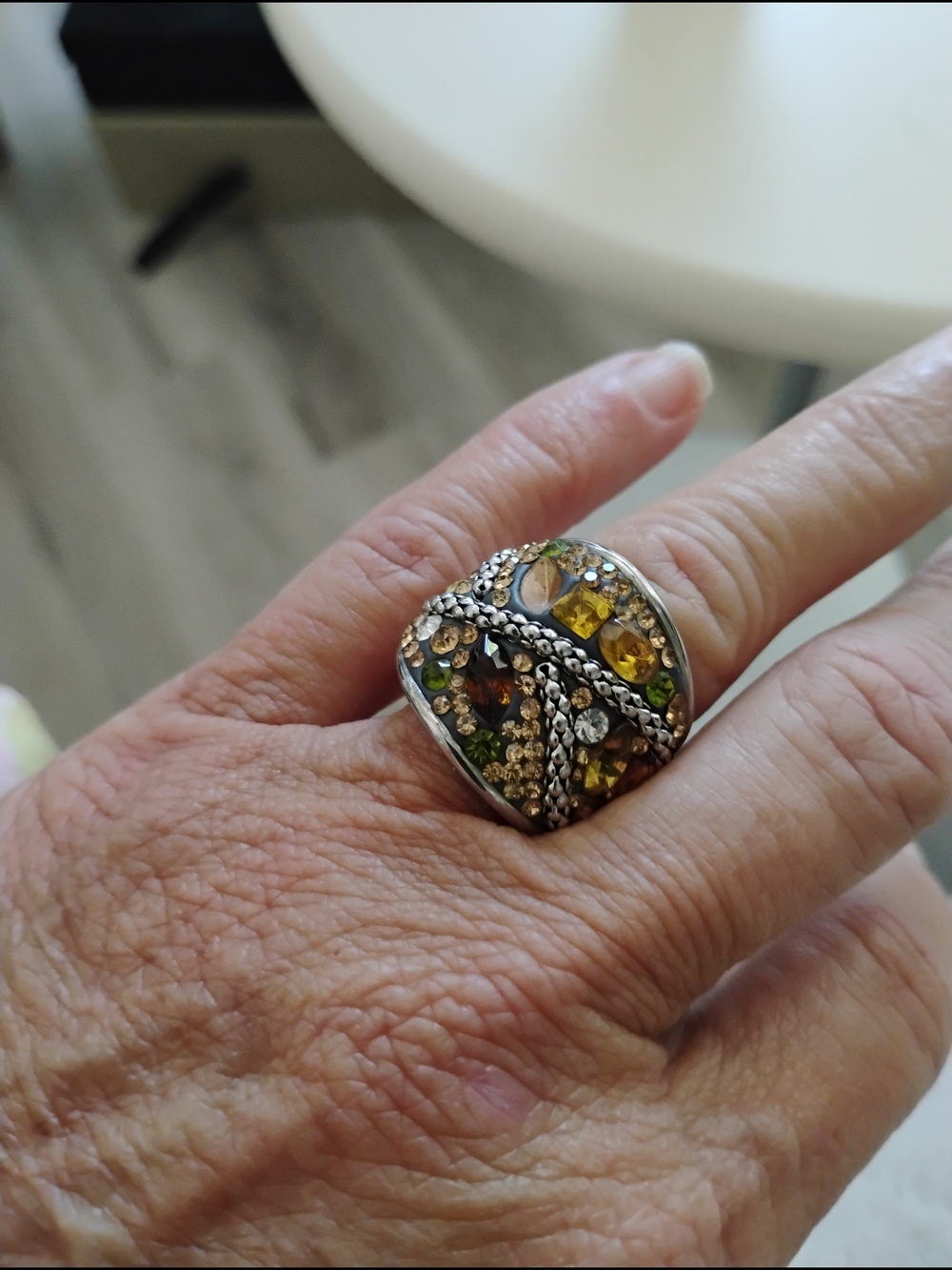 Silver-Tone Multi-Stone Dome Cocktail Ring - Yellow & Green